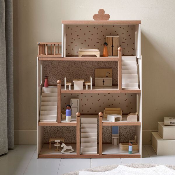 Houten poppenhuis «Fleur» 87 cm in beige en walnut van Petite Amélie