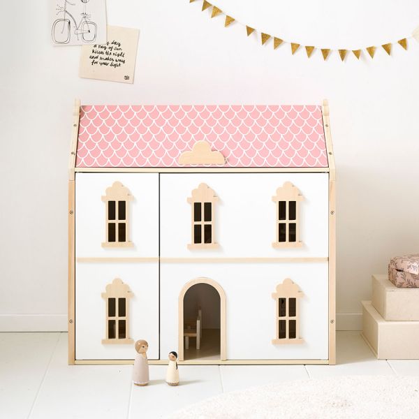 Houten poppenhuis «Victoire» 66 cm in wit en roze van Petite Amélie